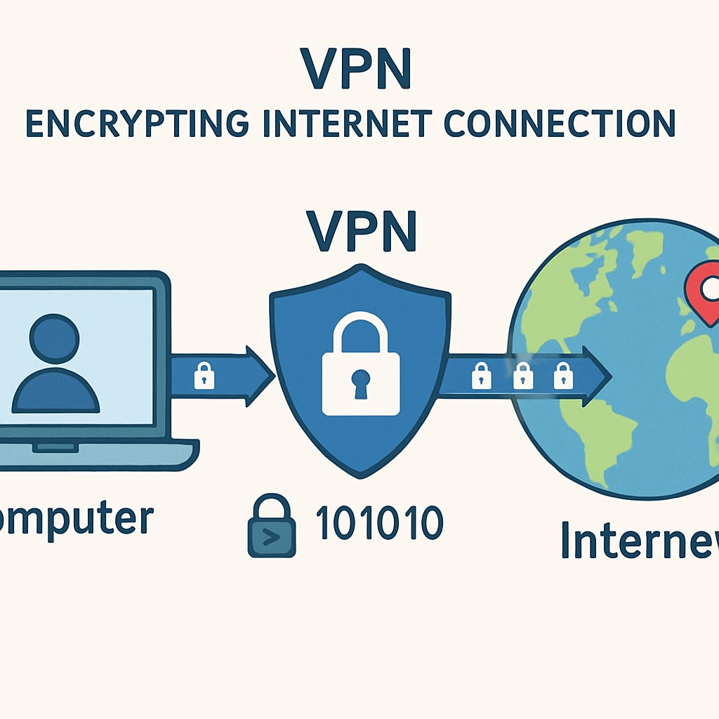 Diagram showing how a VPN encrypts data and alters the user’s geographic location.