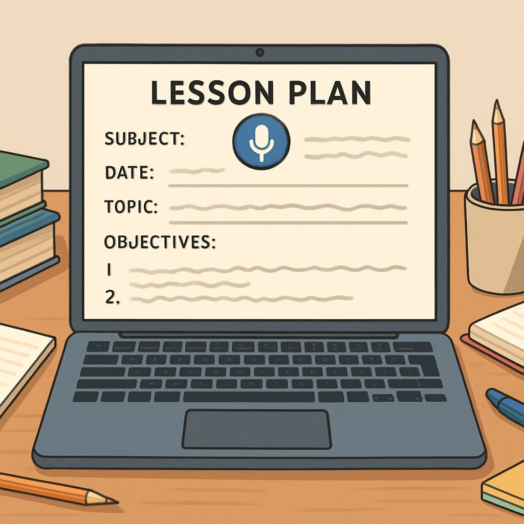 A laptop screen displaying a digital lesson plan created using speech-to-text software, surrounded by classroom materials such as books and stationery. Digital lesson plan created with speech-to-text software displayed on a laptop.