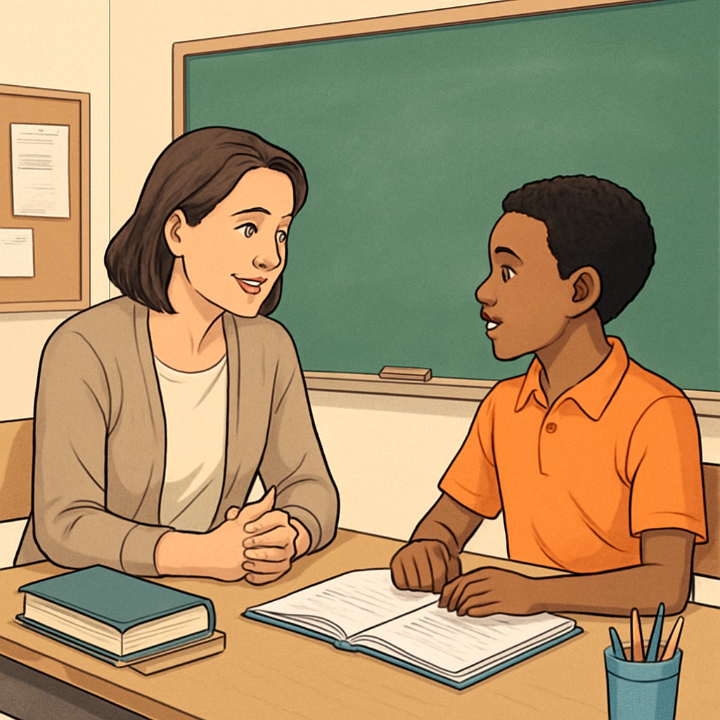 A classroom setting where a teacher and student are having an open discussion, representing mutual trust and understanding. A teacher and a student discussing academic integrity in a classroom setting.
