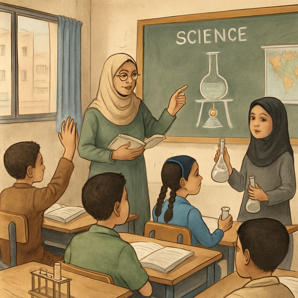 Students in a Gaza classroom participating in a science lesson.