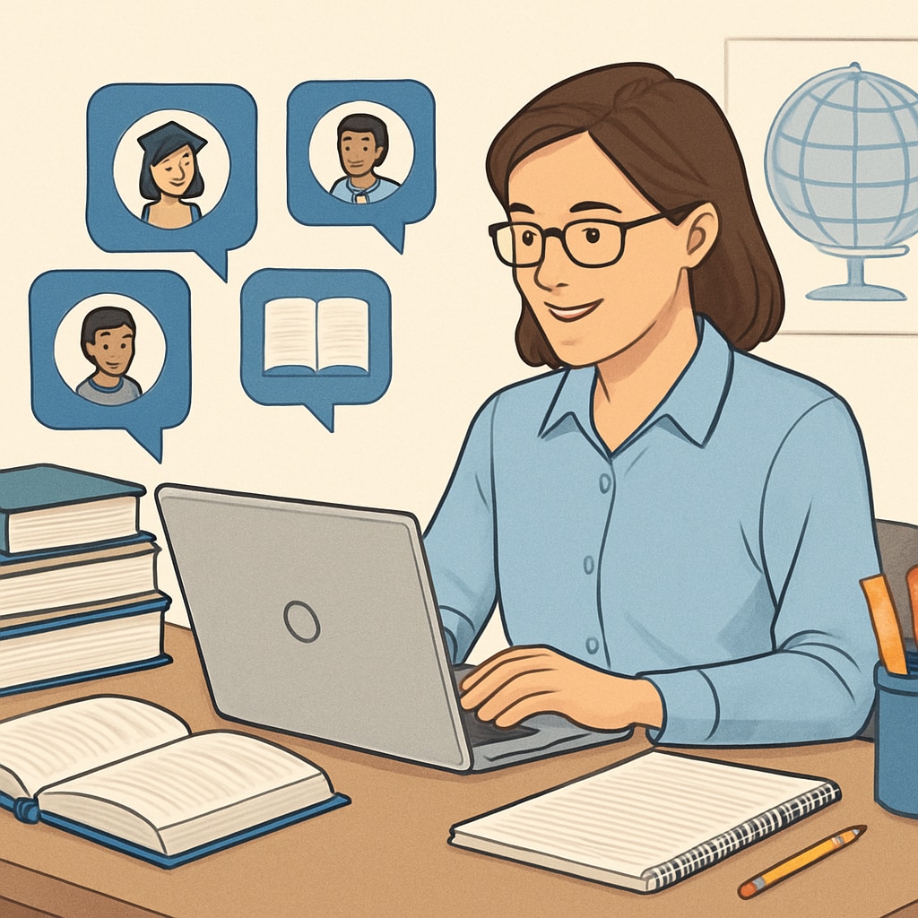 A teacher using an online education community on a laptop, surrounded by resource materials. A teacher engaging with education networks to find resources and discussions.