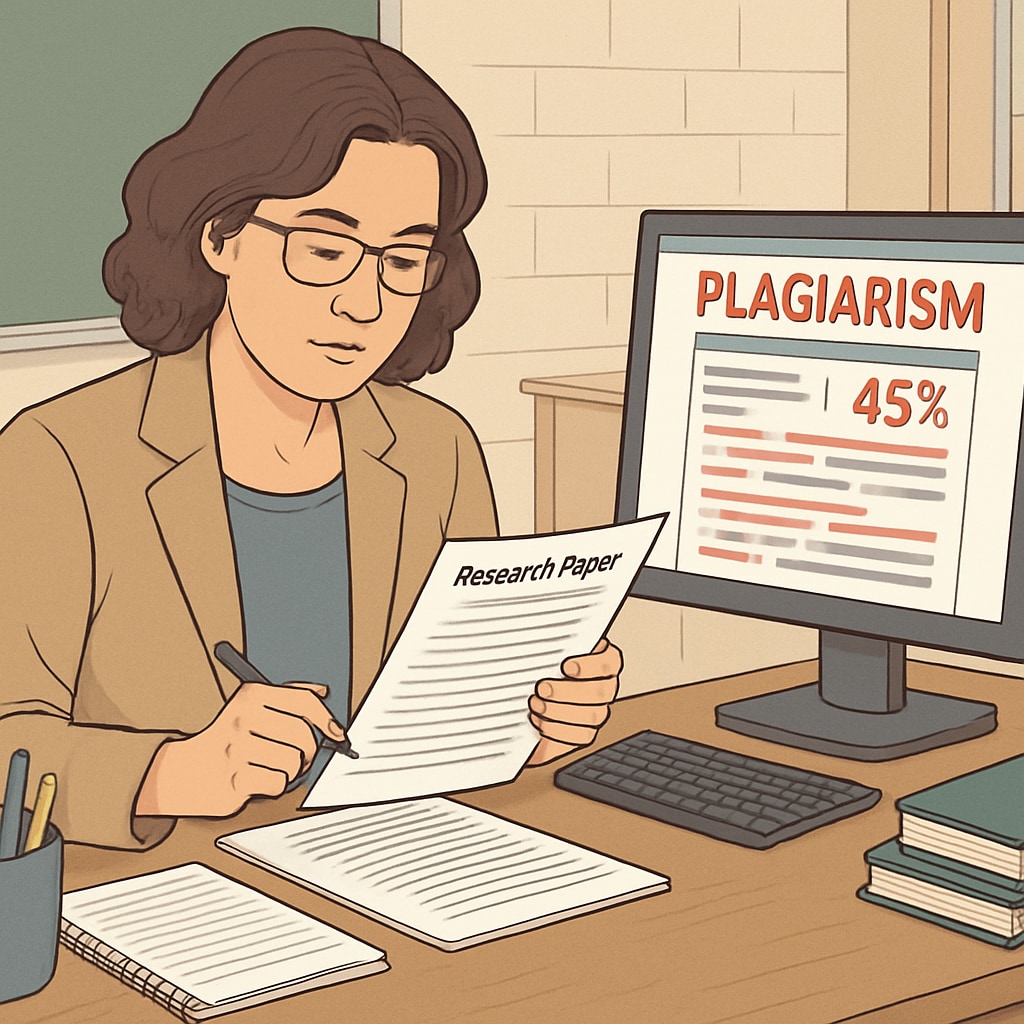 A teacher reviewing a student's research paper with digital plagiarism detection software visible on the screen. Teacher using plagiarism detection software to review a student’s work.