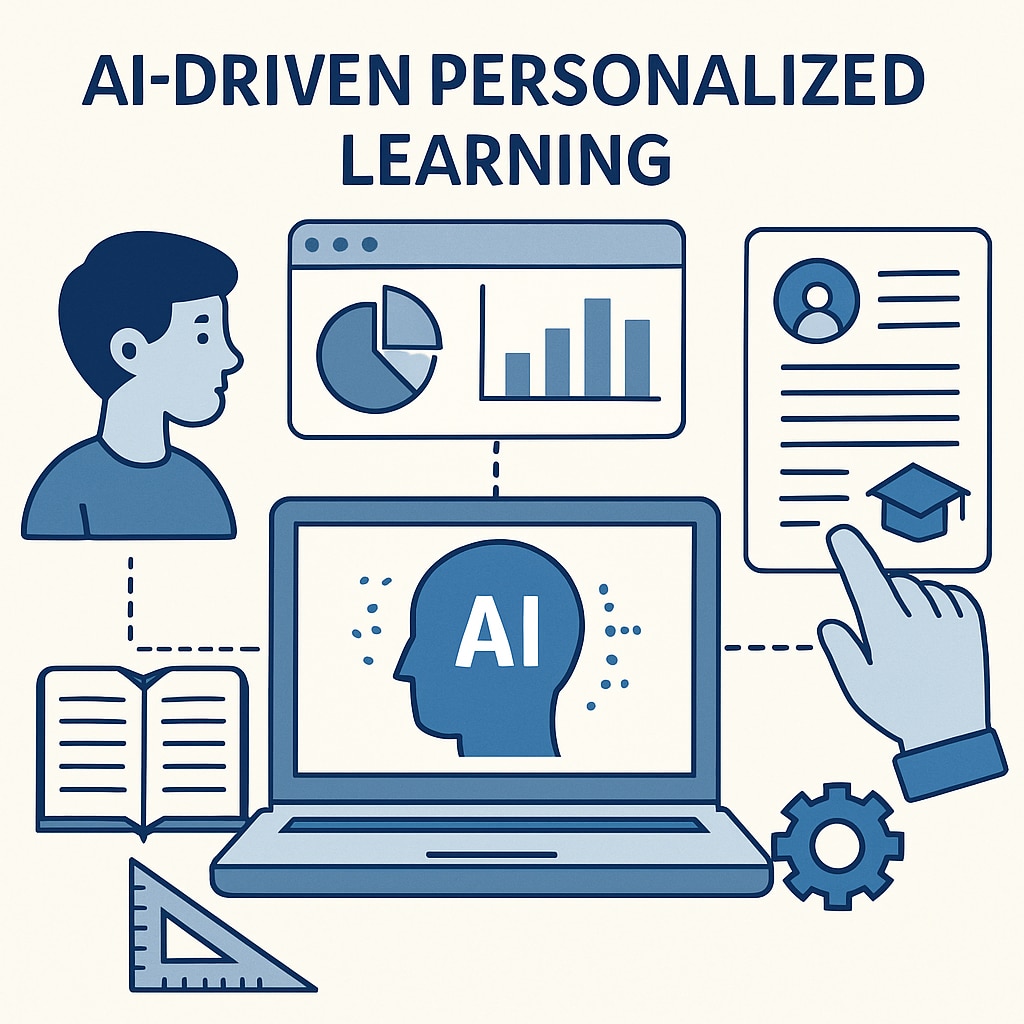 Illustration showing AI-driven personalized learning platforms analyzing student data for tailored education. AI-powered personalized learning in K12 classrooms.