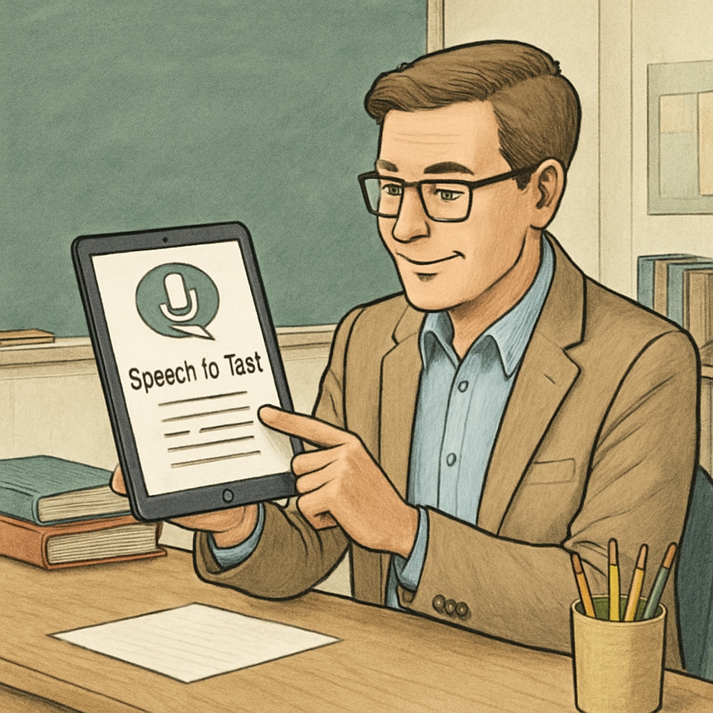 A teacher using a tablet with a speech-to-text app, showcasing how WillowVoice simplifies classroom administrative tasks. Speech-to-text app WillowVoice being used by a teacher in a classroom setting to improve teacher work efficiency.
