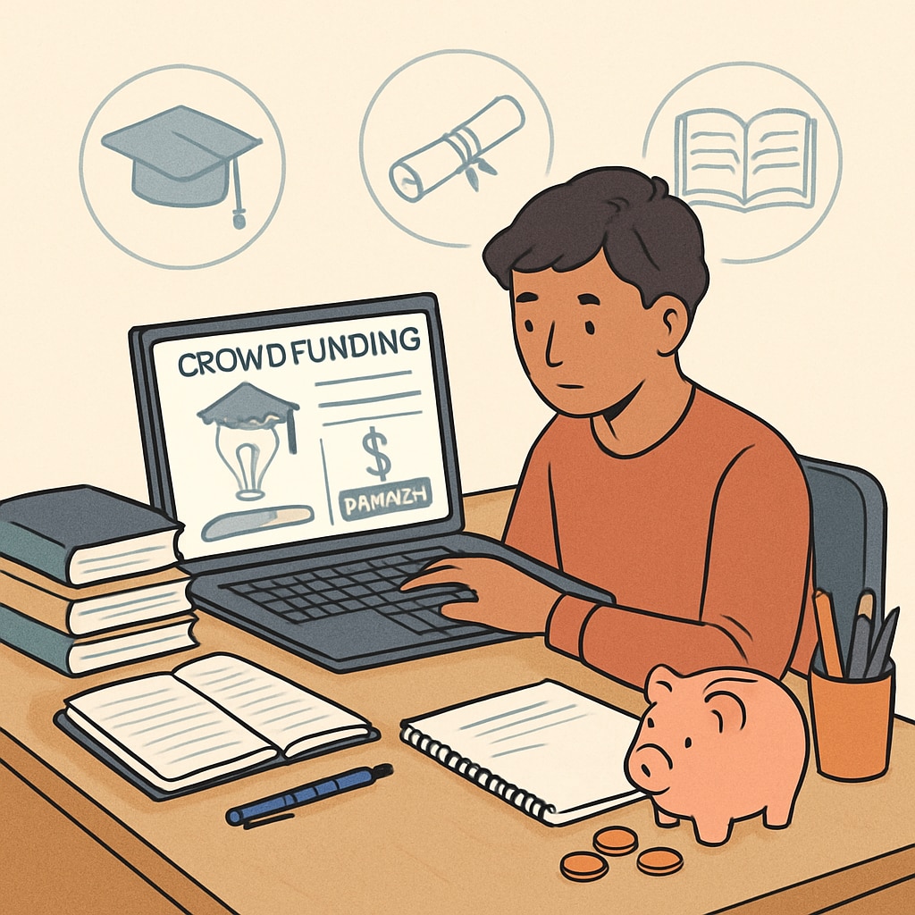 A student creating a crowdfunding campaign on a laptop, highlighting their financial challenges and academic goals. Crowdfunding for education showing a student using a laptop to raise funds for tuition.