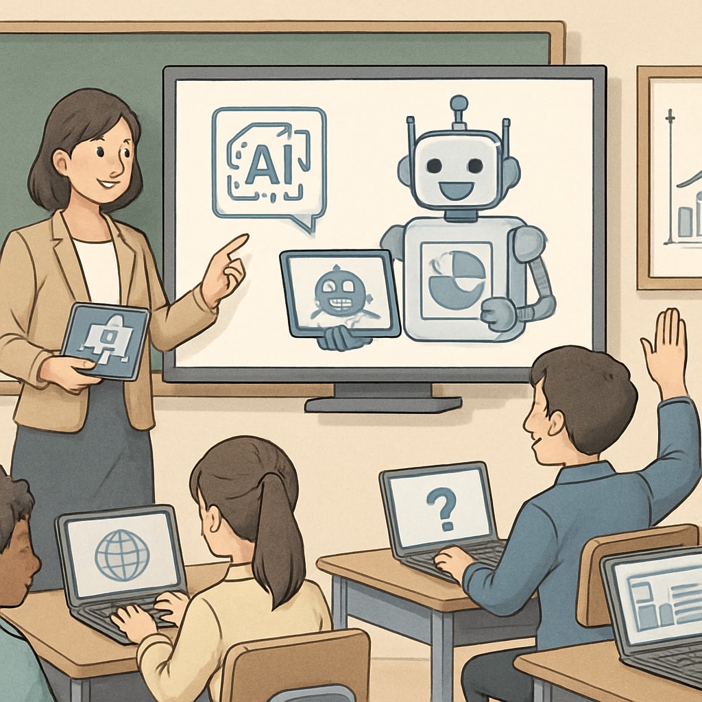 A classroom setting with a teacher interacting with AI-powered tools and students engaged in technology-driven activities. Teachers using AI tools in education environments.