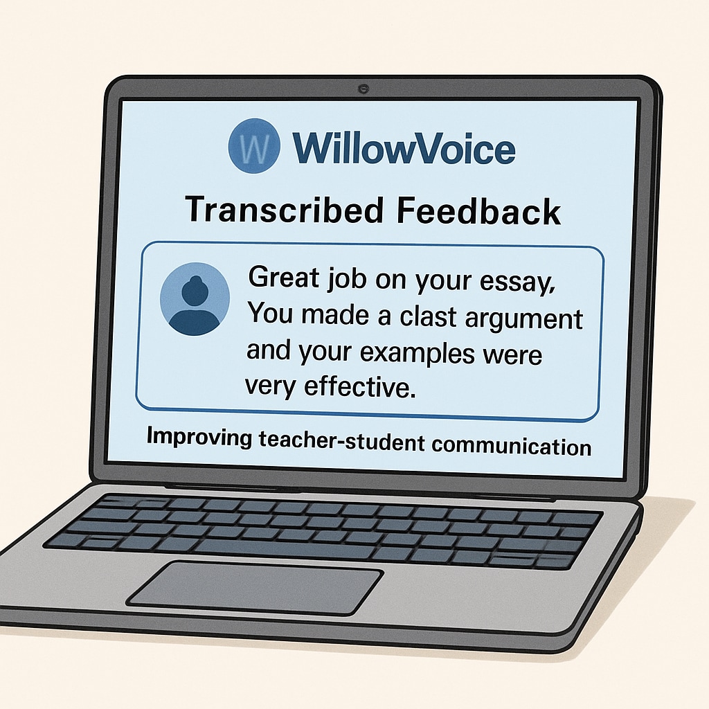 A laptop screen showing transcribed feedback created with WillowVoice, emphasizing its role in enhancing teacher-student communication. Teacher feedback document transcribed by WillowVoice, improving communication and workflow.