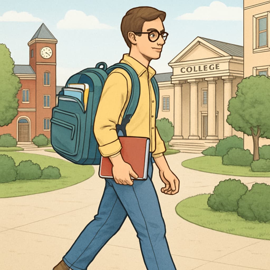A well-organized college student wearing a spacious backpack, walking through a campus courtyard. College student with a spacious and affordable backpack on campus