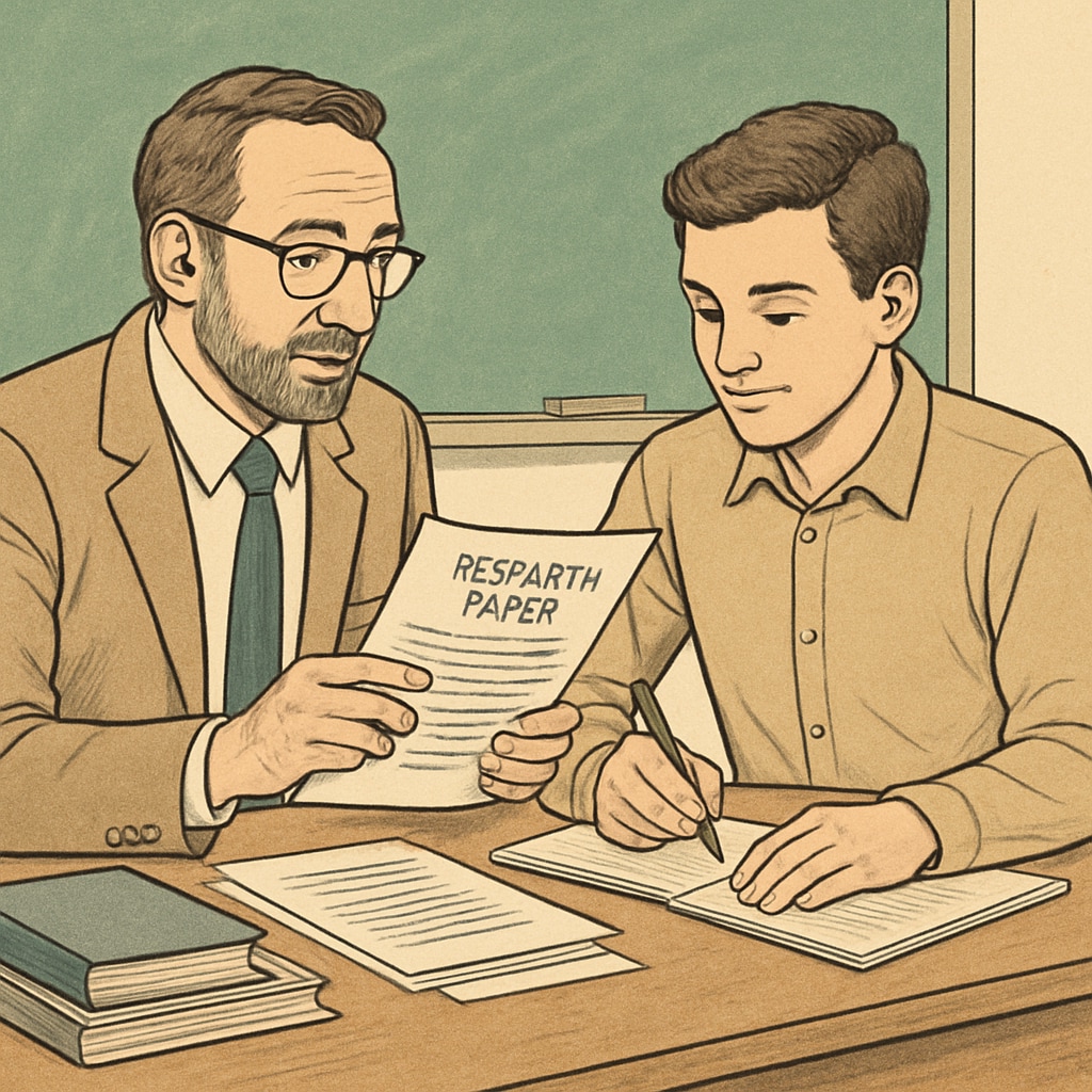 A classroom setting where a professor is reviewing a student's research paper, symbolizing the academic relationship between professors and students. A professor reviewing a student's research paper in a classroom setting, emphasizing academic integrity and fairness.
