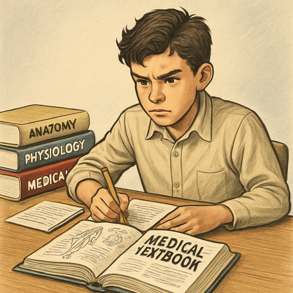 A high school student sitting at a desk, surrounded by medical textbooks, appearing determined to study despite challenges. A determined student with learning disabilities studying medical textbooks.
