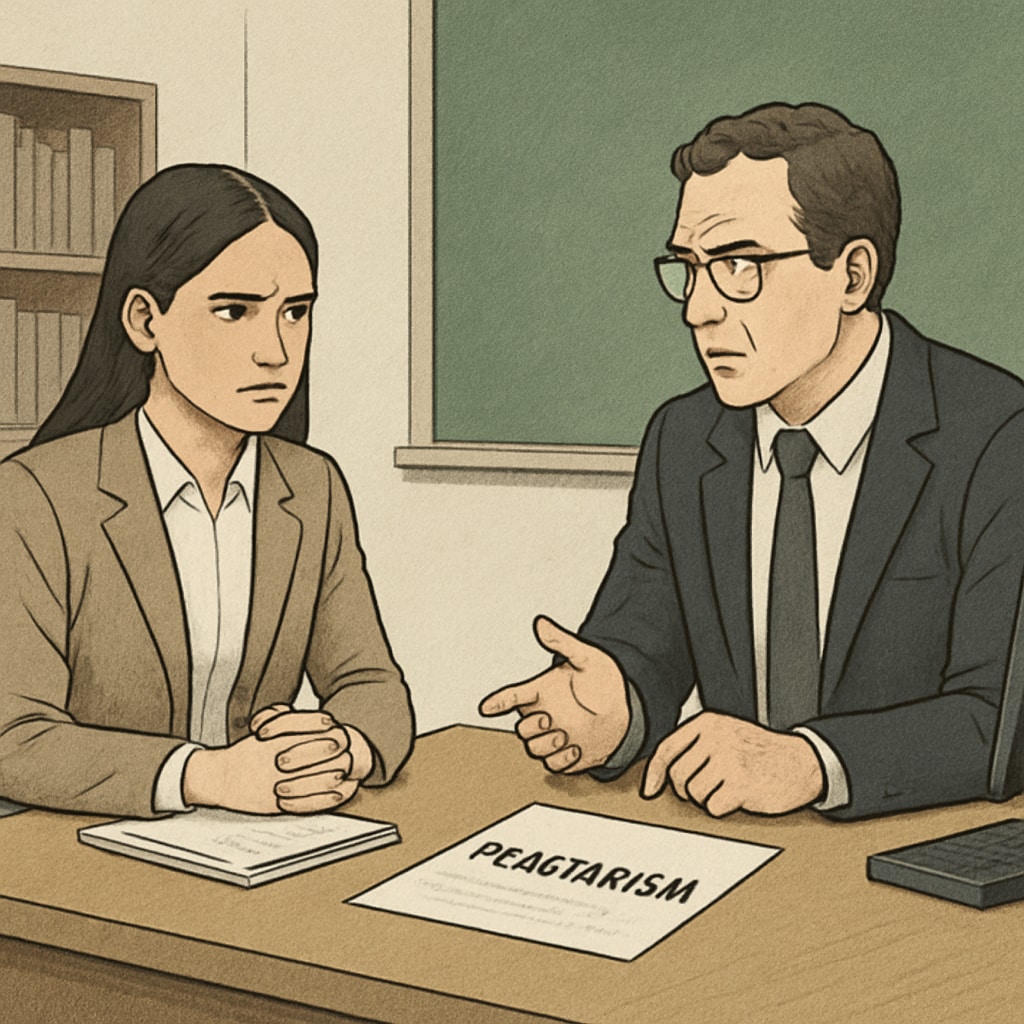 A one-on-one meeting between a student and a professor, showcasing the tension and discussion surrounding plagiarism accusations. A student and professor discussing a plagiarism accusation, highlighting the emotional and academic stakes involved.