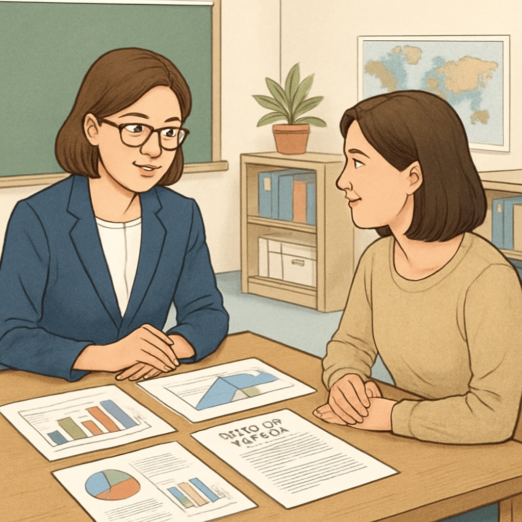 A teacher and parent discussing a student’s progress during a meeting, with charts and reports on the table. A teacher and parent collaborating to support a student with learning challenges.
