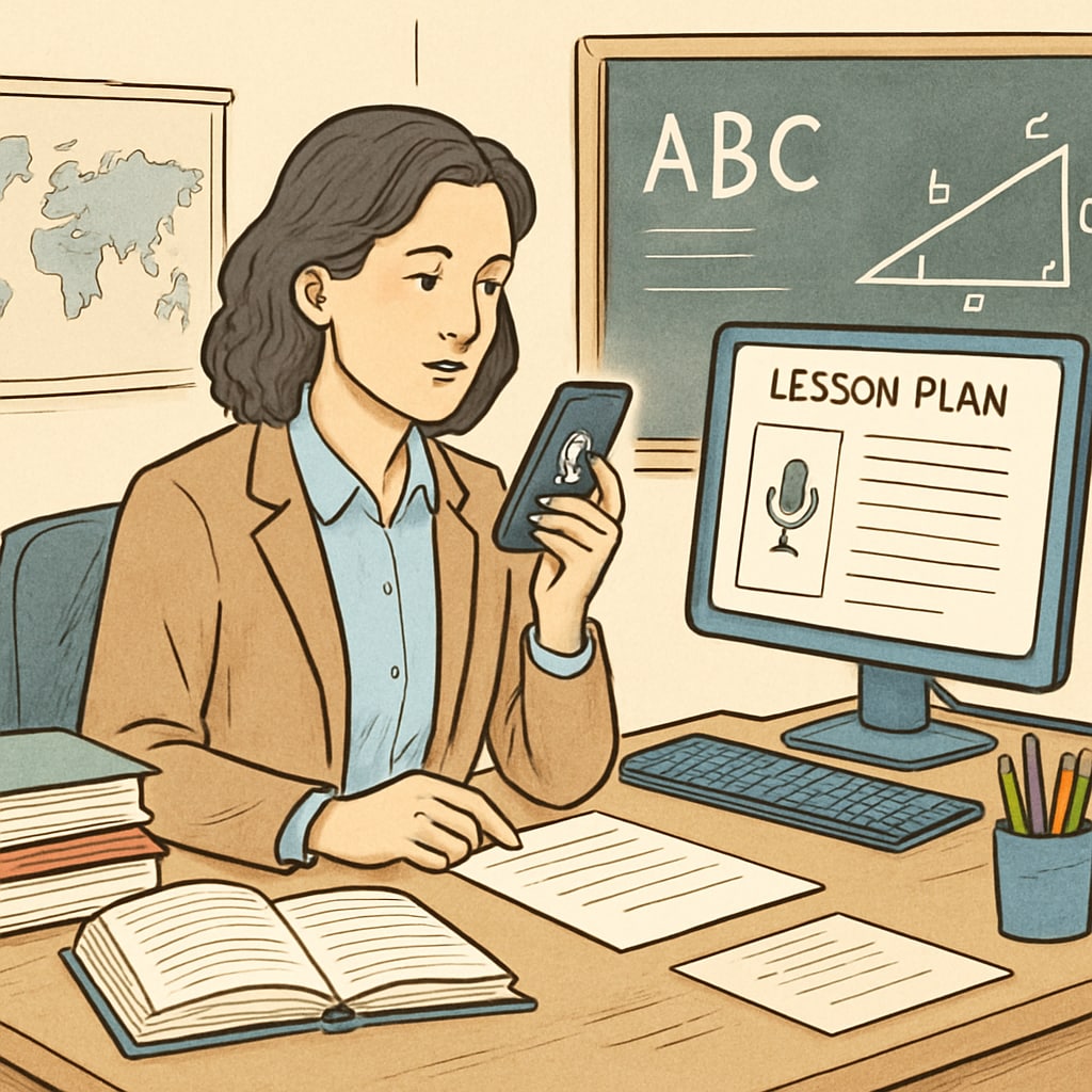 A teacher creating a lesson plan using speech-to-text technology at their desk. Teacher using WillowVoice for efficient lesson planning.