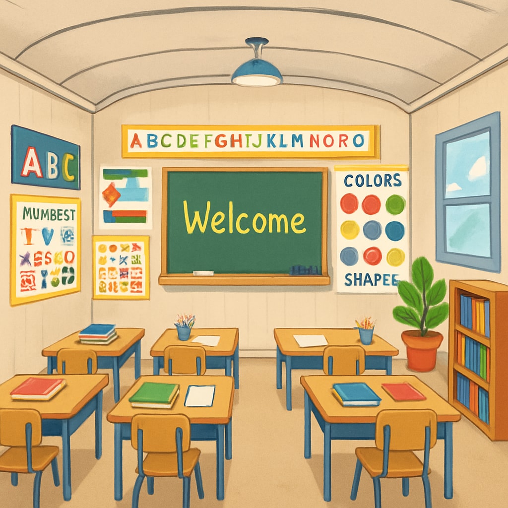 A brightly decorated portable classroom with colorful posters and organized student desks, showing how temporary spaces can be made inviting for children. Temporary classroom decorated for elementary school children, with colorful posters and desks.