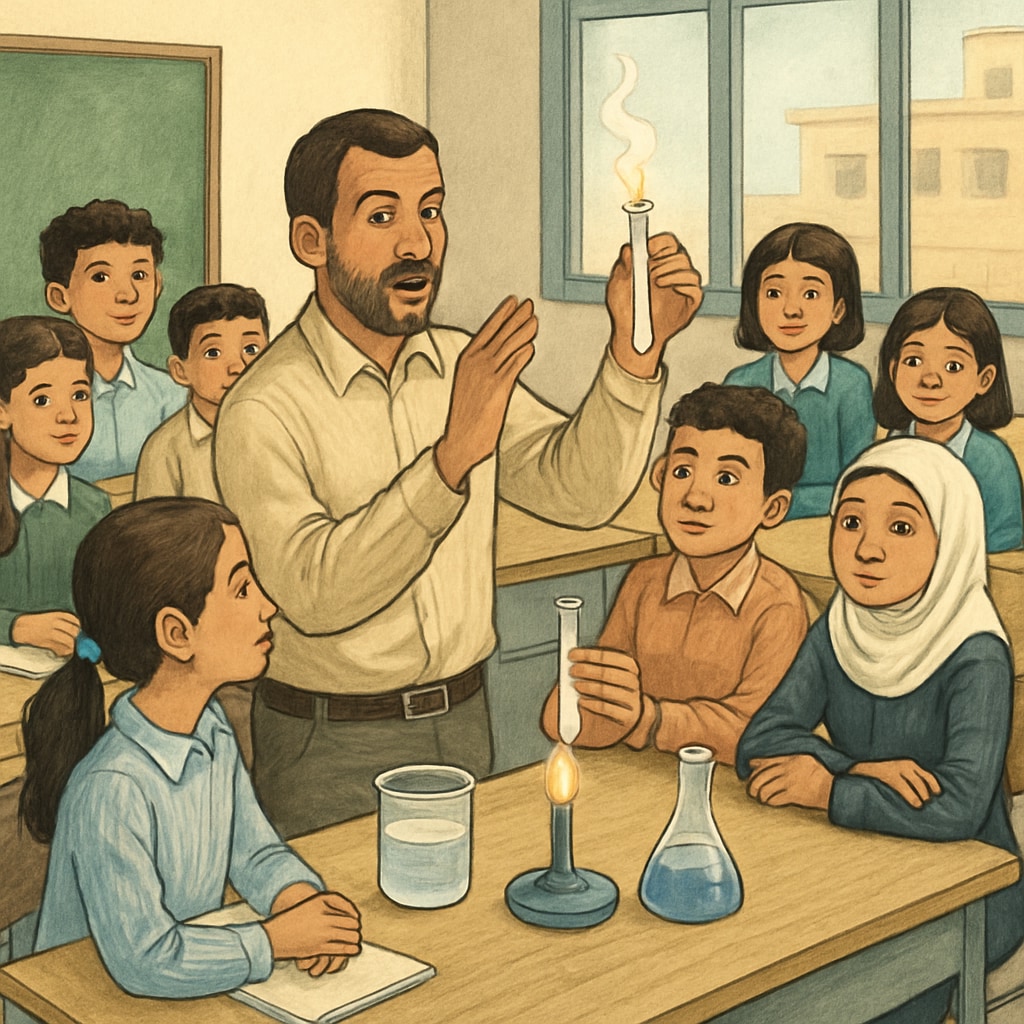 A teacher conducting a science experiment in a newly rebuilt Gaza classroom, highlighting the importance of hands-on learning. Science education in Gaza schools with a teacher conducting an experiment.