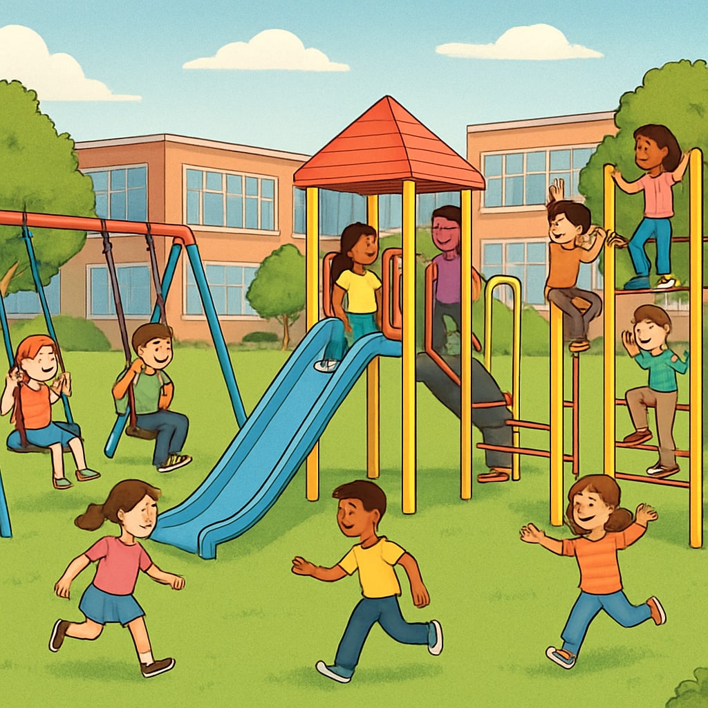 An outdoor playground on a high school campus, designed for elementary-aged children to promote social interaction and physical activity. Playground for young children set up on a high school campus during temporary school relocation.