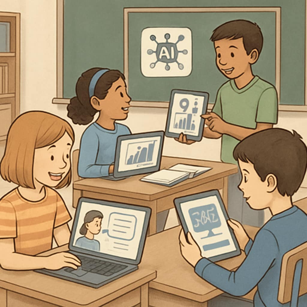 A classroom setting where students are using AI-driven tools for personalized learning and collaboration. Students using AI-driven tools in a classroom to enhance learning for talent selection.