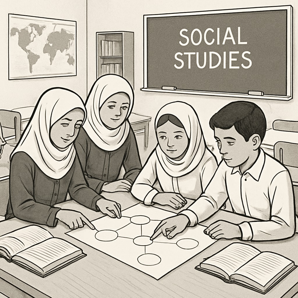 Students in Gaza engaging in a group activity during a social studies lesson, emphasizing interactive and collaborative learning. Social studies class activity in Gaza schools with students working together.