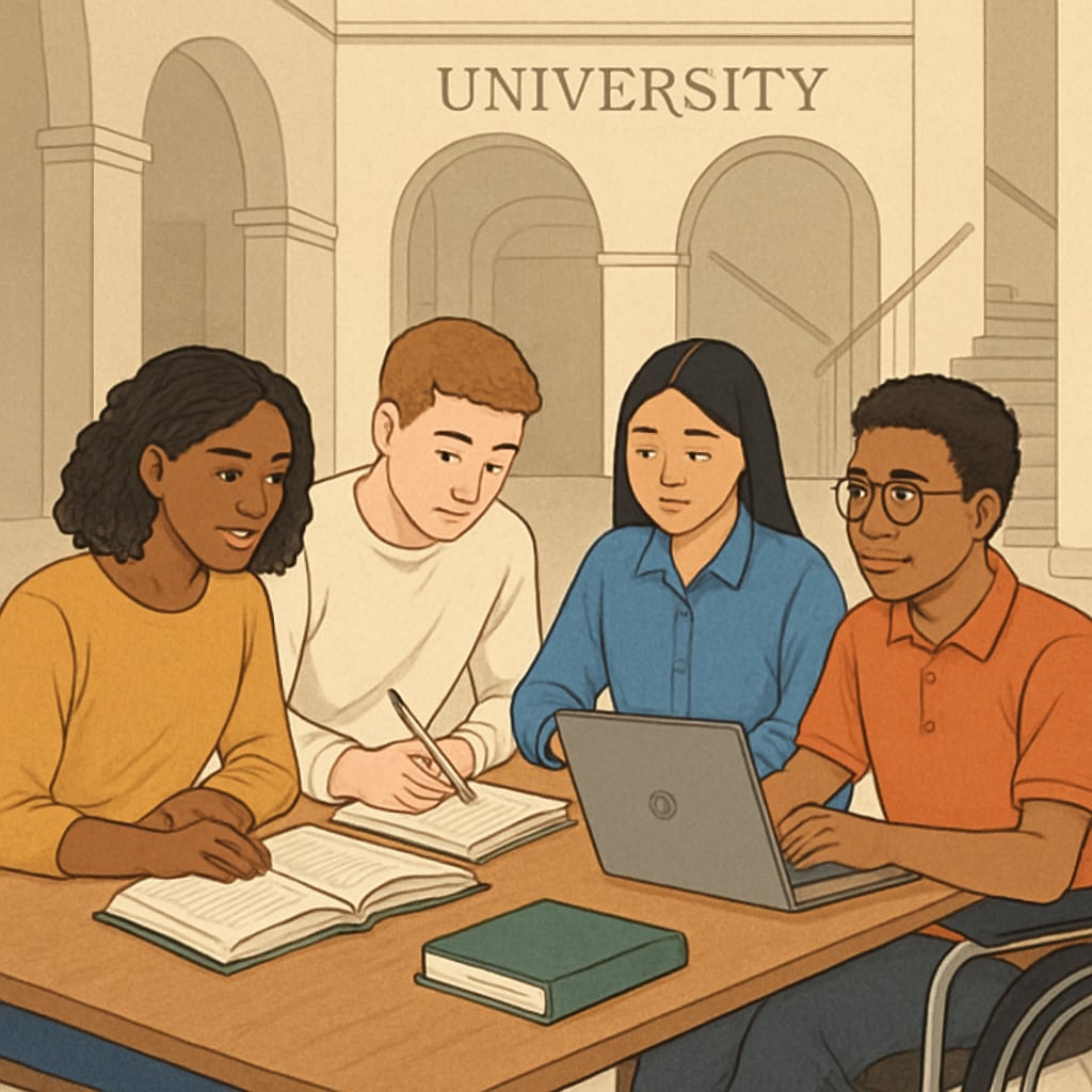 A group of diverse students at a public university engaging in a collaborative project, demonstrating accessible and quality education. Students working on a project, showcasing alternative educational value to Ivy League institutions.