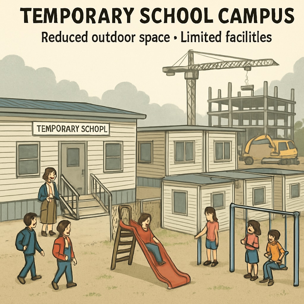 Temporary school campus with limited facilities affecting children’s experience