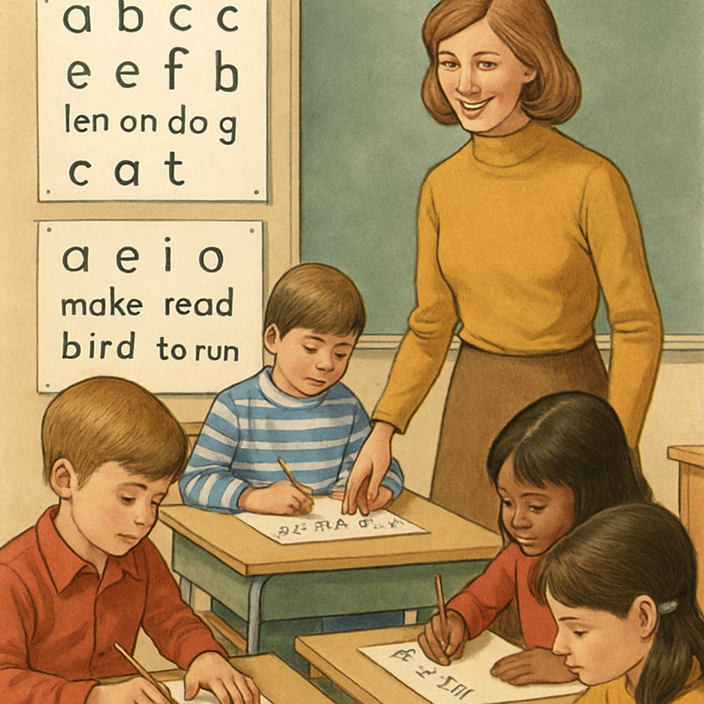 1970s classroom with students learning the Initial Teaching Alphabet.