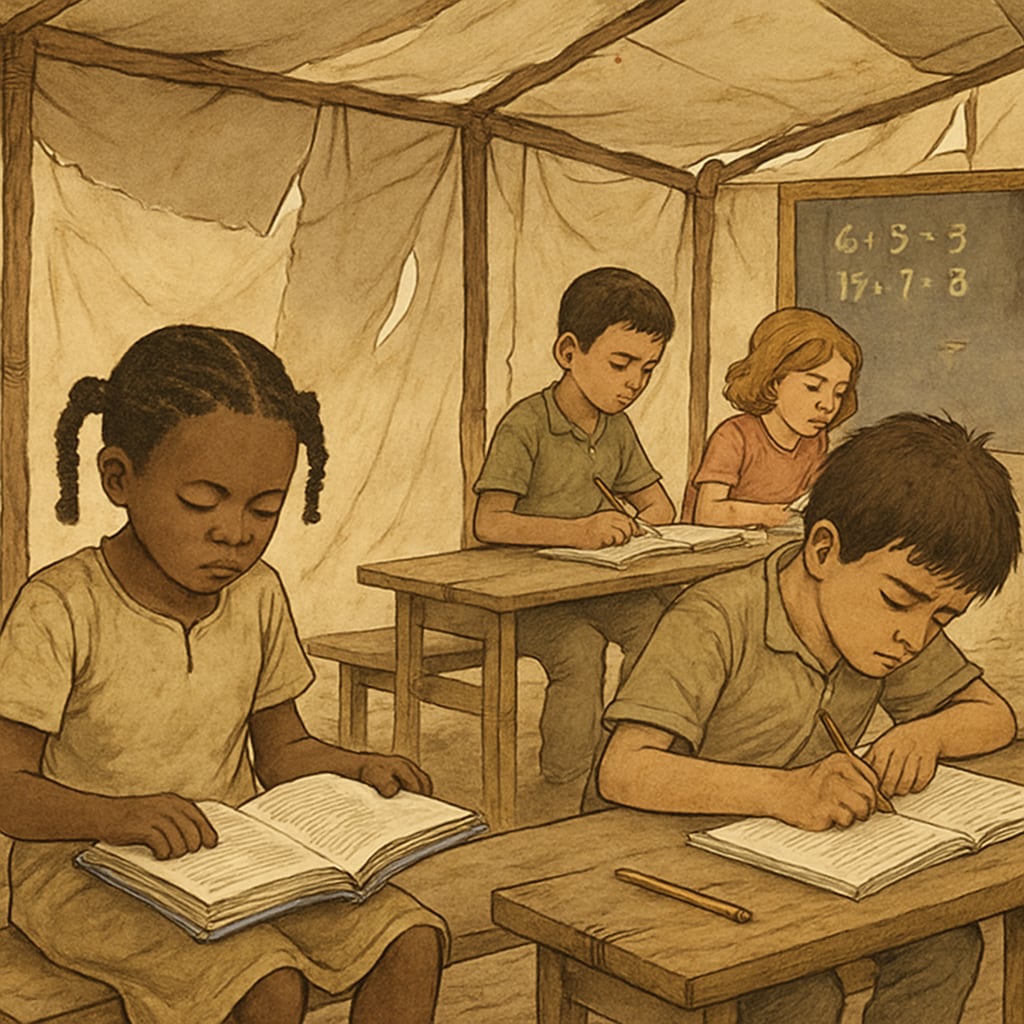 Makeshift classroom with minimal resources during school reconstruction