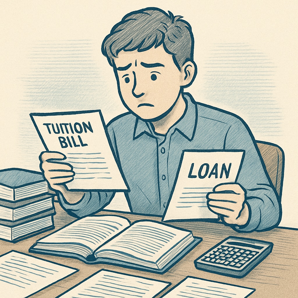 A young student sitting at a desk, looking worriedly at tuition bills and loan documents. Student concerned about tuition costs and loan documents, highlighting financial challenges.