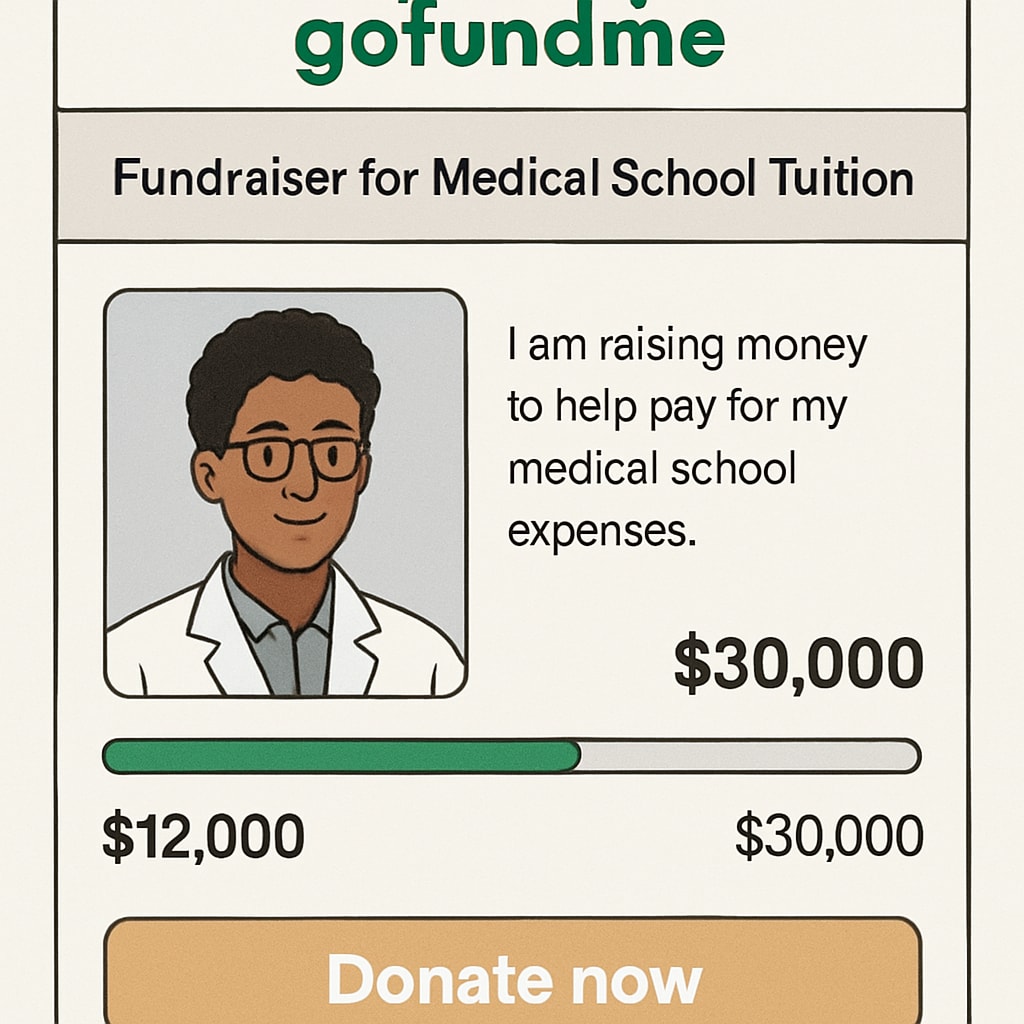 A screenshot of a GoFundMe campaign page for a student raising funds for medical school tuition. GoFundMe campaign page for medical school tuition crowdfunding.