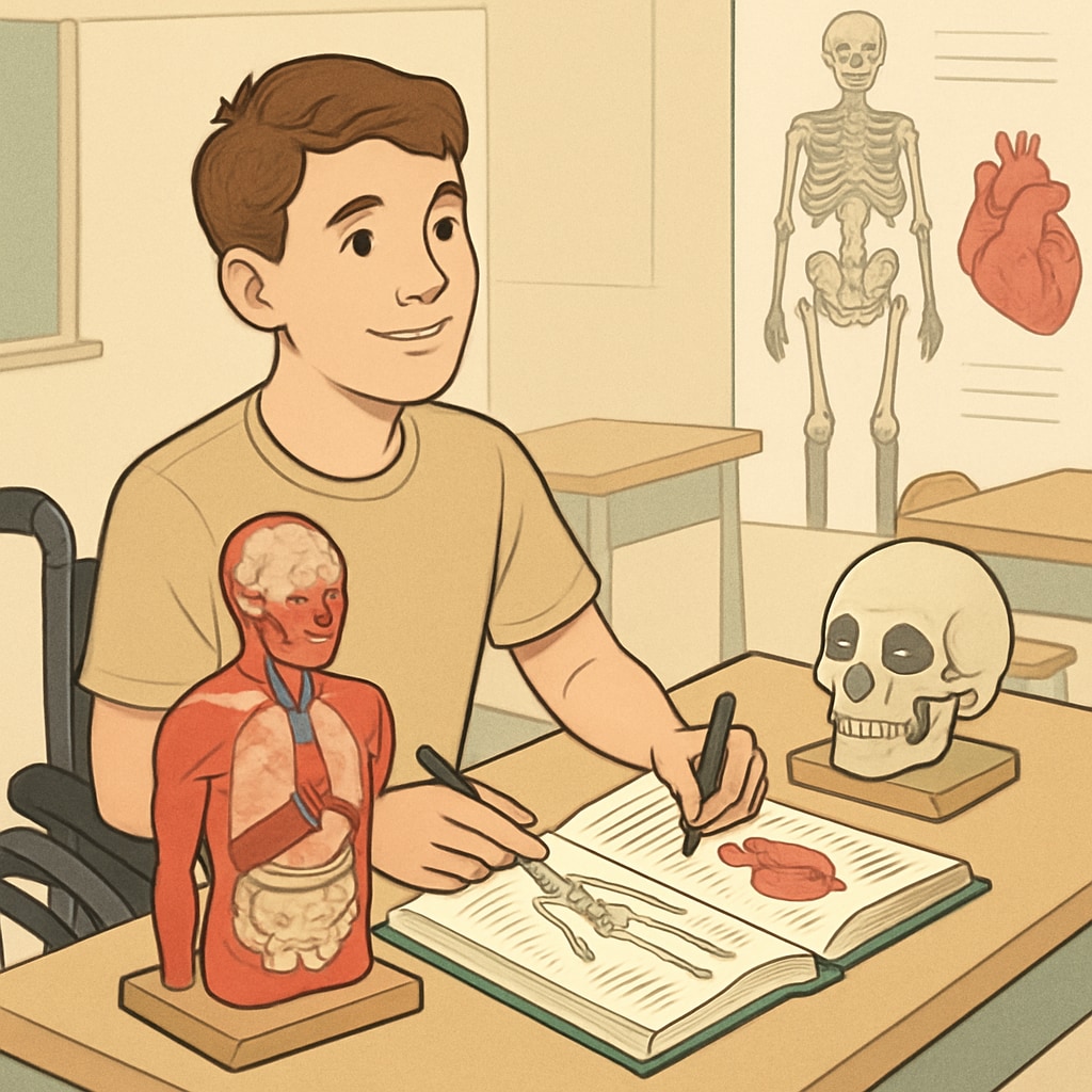 Special needs student studying anatomy in an inclusive classroom.