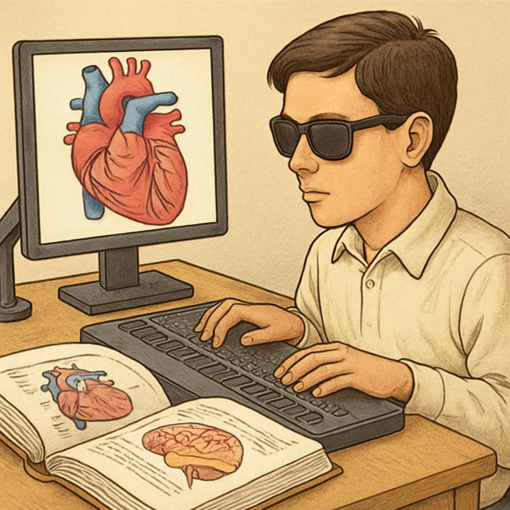 Visually impaired student studying medical diagrams with assistive tools.
