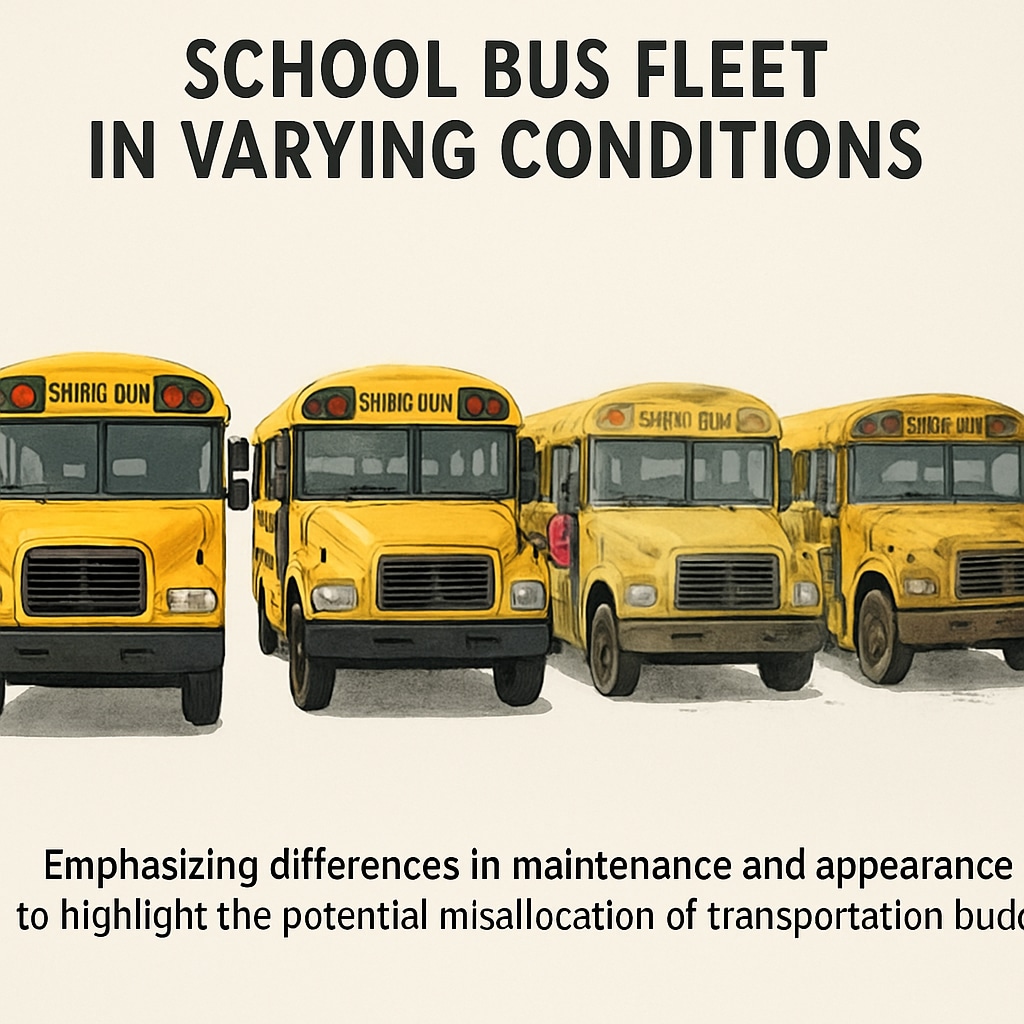 An image of a school bus fleet with varying conditions, highlighting the potential misallocation of transportation budgets. A fleet of school buses, illustrating the impact of transportation costs on education funding.