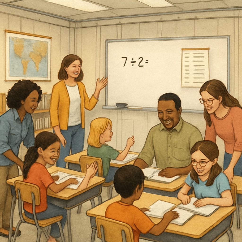 A classroom with elementary students in a temporary setting, such as a modular or repurposed high school classroom, with teachers and parents engaging with students. Elementary students in a temporary classroom setting interacting with teachers and parents.