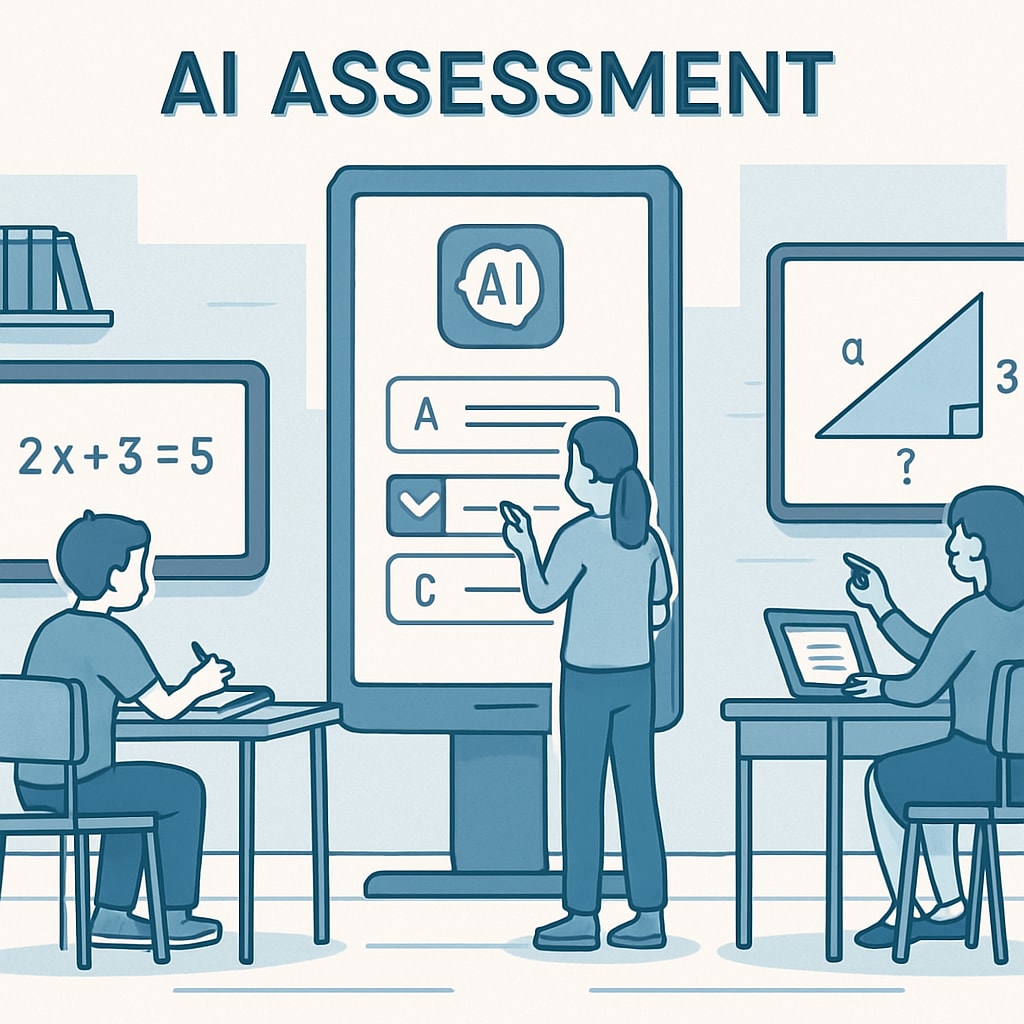 AI-driven educational assessment platform with students interacting on screens.