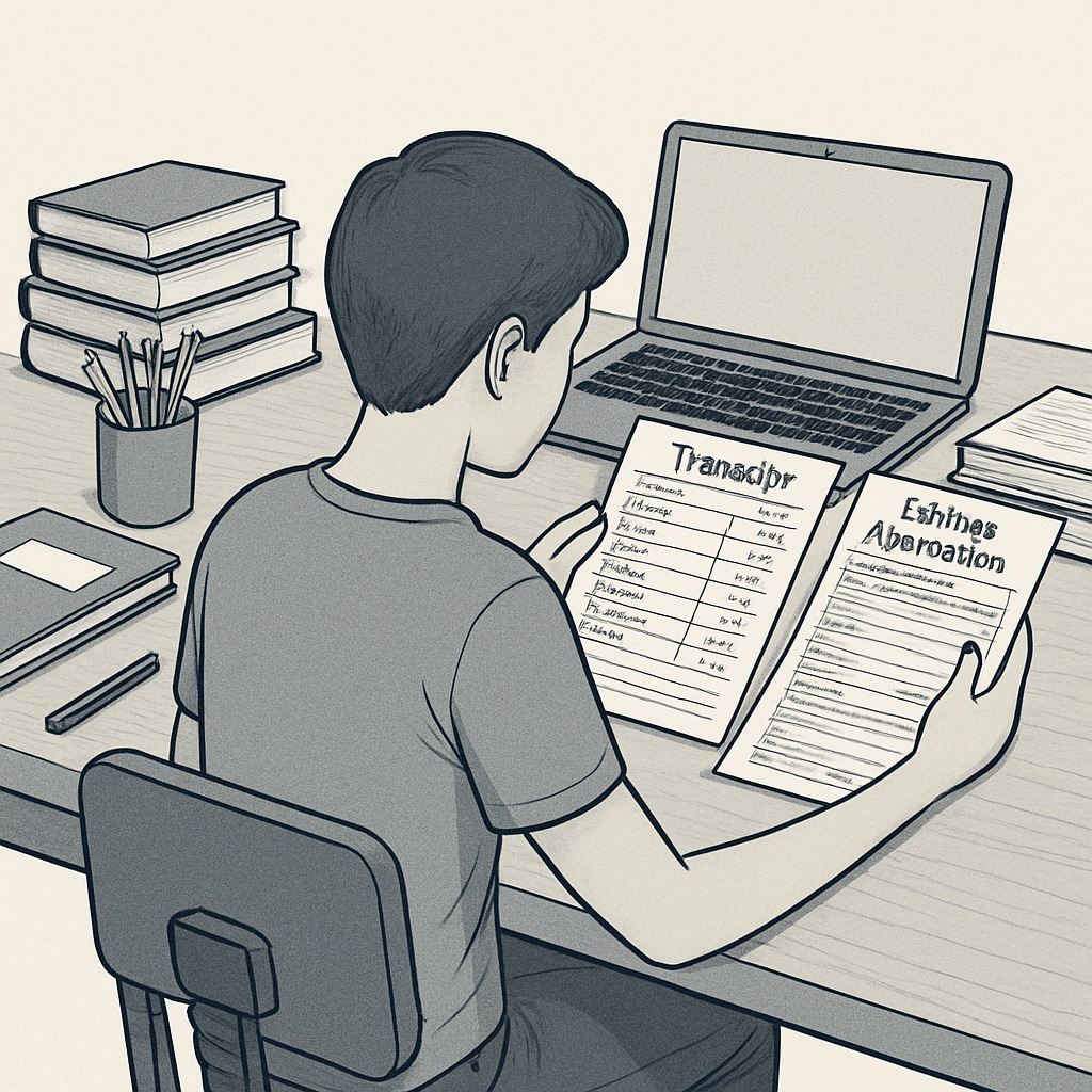 A student reviewing their transcript and college application, symbolizing the balance of academics and personal achievements. A student reviewing their transcript and college application, emphasizing academic balance.