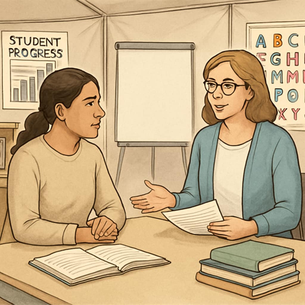 A parent and teacher discussing a student’s progress in a temporary classroom, emphasizing collaboration and support. Parent-teacher meeting in a temporary classroom environment highlighting collaboration.