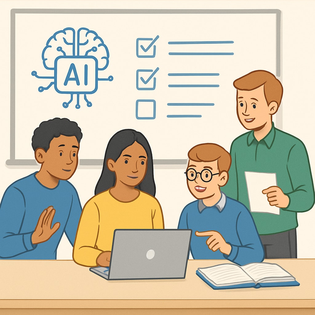 Students participating in a collaborative group project with AI tools.