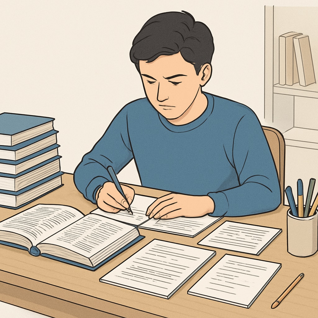 A student revising for exams at a desk, surrounded by textbooks and notes, symbolizing hard work and preparation for A-level retakes. A student preparing for A-level retakes with textbooks and notes.