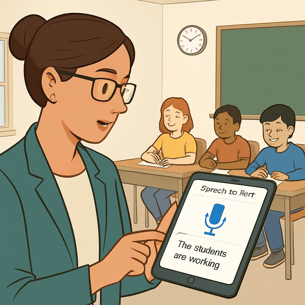 Illustration of a teacher using a speech-to-text tool to document classroom observations, with students in the background. Teacher using speech-to-text tool to enhance teaching efficiency and feedback.
