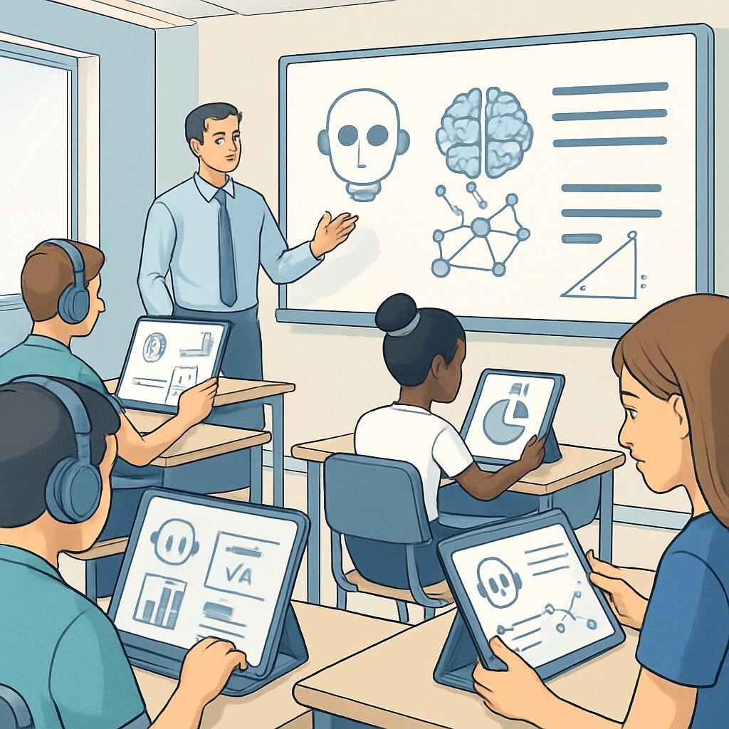 Students using AI-powered devices in a smart classroom for personalized learning.