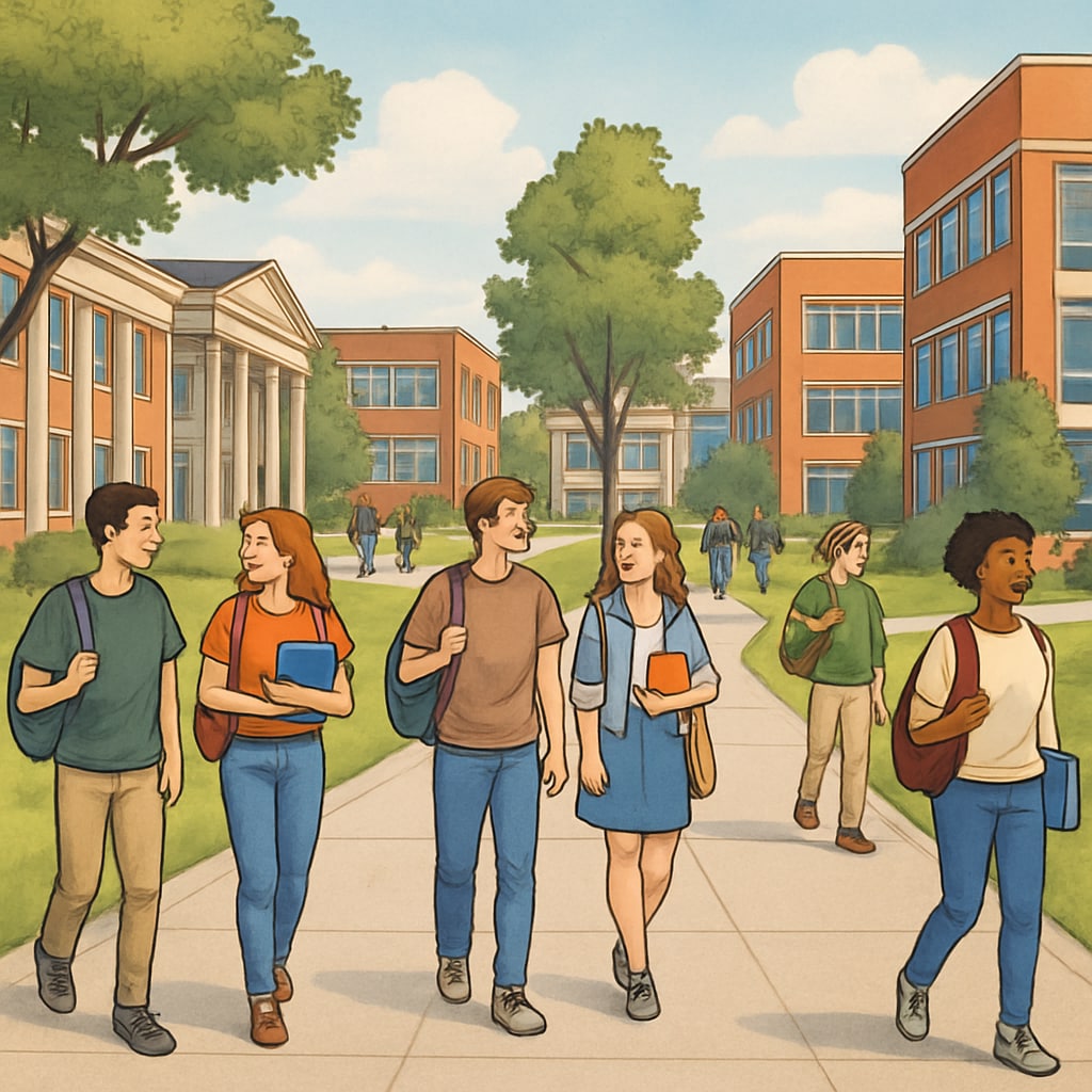 A vibrant university campus with students walking outdoors, representing the atmosphere and opportunities of local universities. Students walking on a university campus, symbolizing local university opportunities.