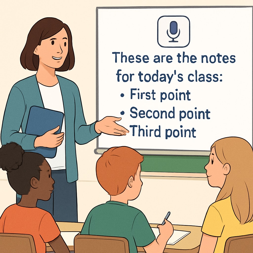 A teacher interacting with students while a speech-to-text tool processes their spoken notes in the background. Classroom interaction with speech-to-text tool improving teaching efficiency.