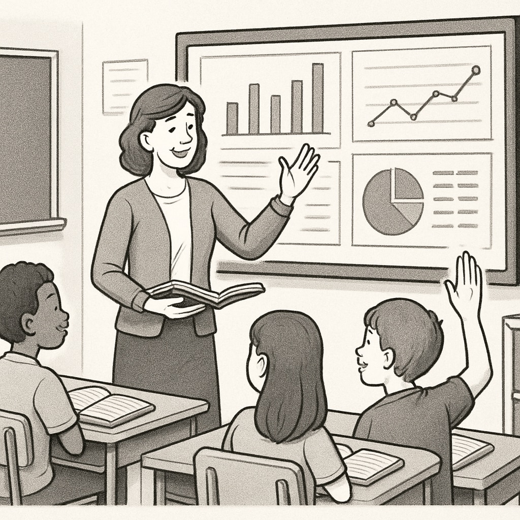 Teacher and students working with AI-driven analytics on a smartboard in a classroom.