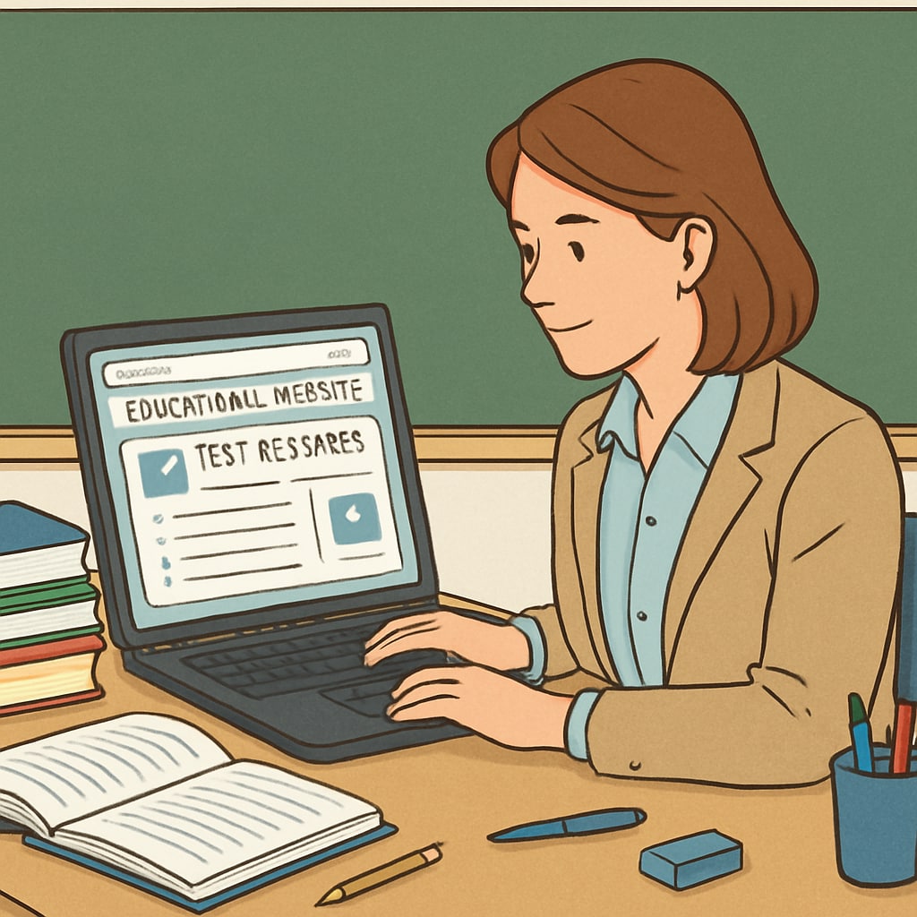 Teacher using an educational platform to find test resources for K12 teaching.