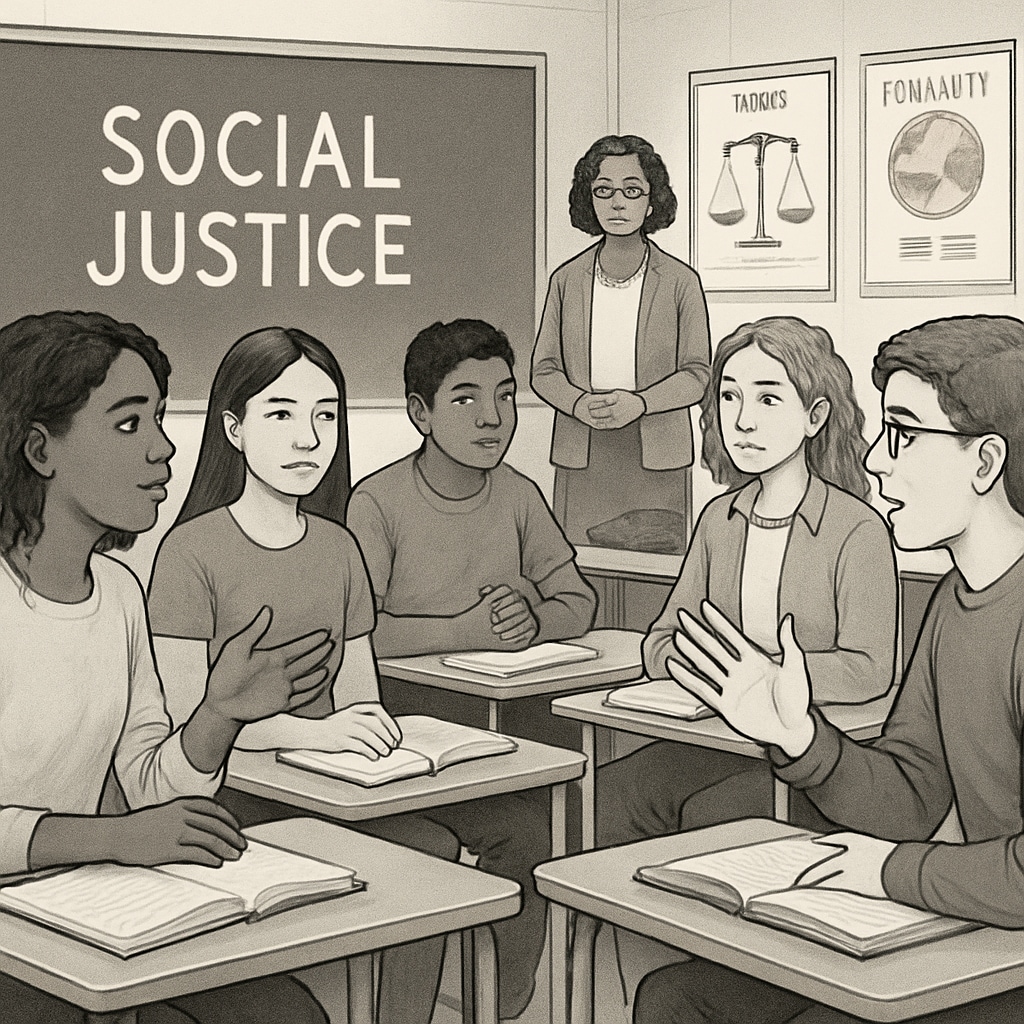 A diverse group of high school students engaging in a classroom discussion about social justice topics. High school students discussing social justice topics in a classroom setting.