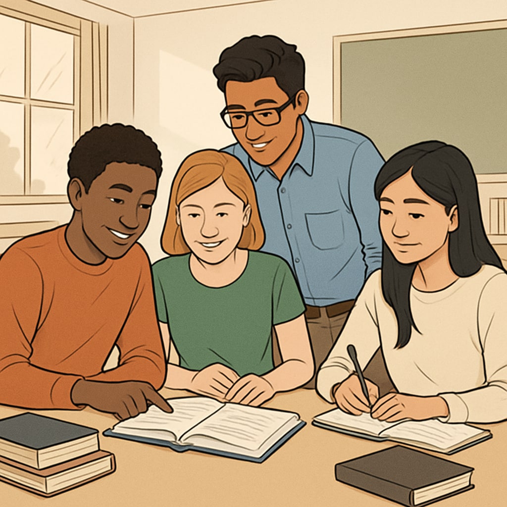 A group of diverse students engaged in collaborative learning, representing Harvard's holistic approach to education. Harvard students collaborating in a classroom, showcasing holistic education.