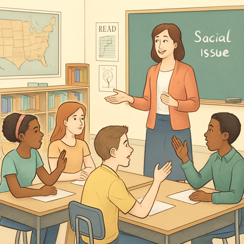 A teacher moderating a classroom debate, with students presenting diverse viewpoints on a social issue. A classroom debate moderated by a teacher, with students sharing diverse perspectives.