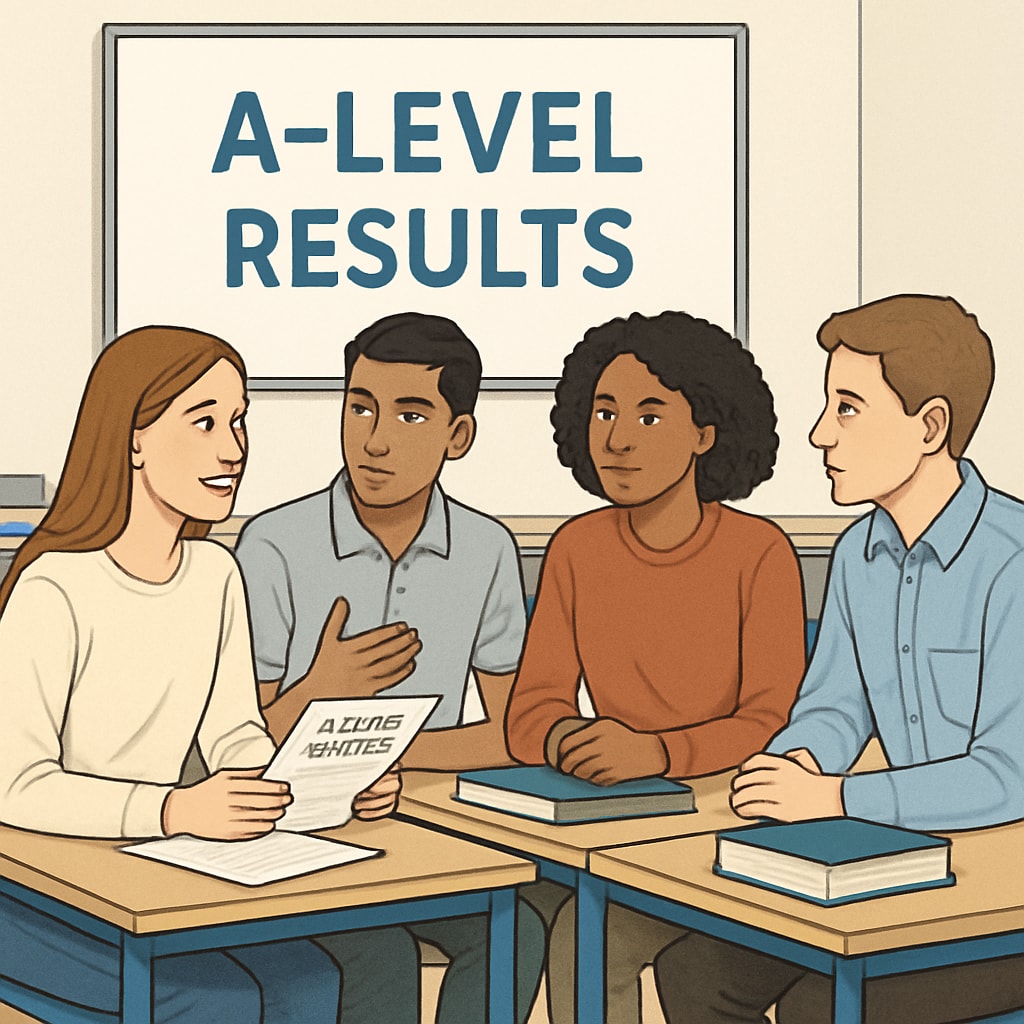A group of students in a classroom setting, discussing their academic options after receiving their A-level results. Students discussing options after receiving poor A-level results.