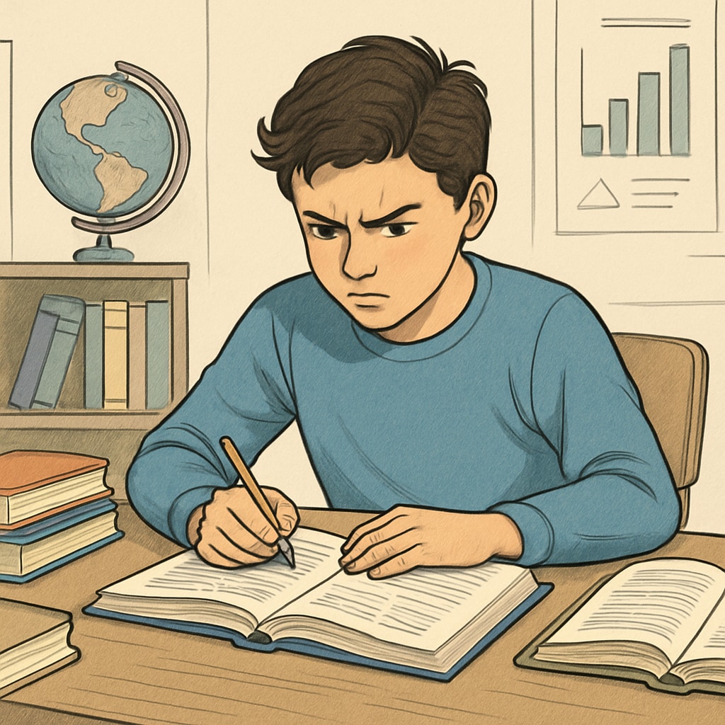 A student reviewing their coursework with determination, symbolizing resilience and academic growth. Student studying to improve their grades, representing academic resilience.