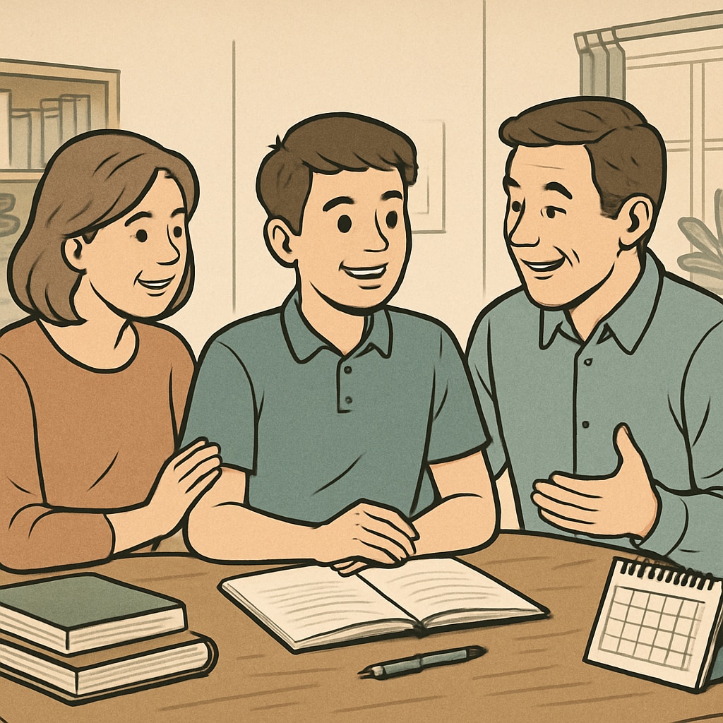 A student and their parents having a supportive conversation at home, discussing future educational plans. A student talking with parents about education plans after A-levels.