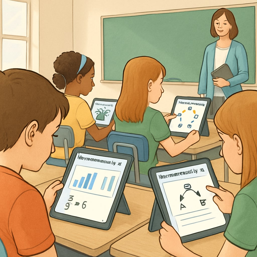 A classroom setting with students using tablets, AI systems recommending tailored lessons on each screen. AI empowering personalized learning in classrooms.